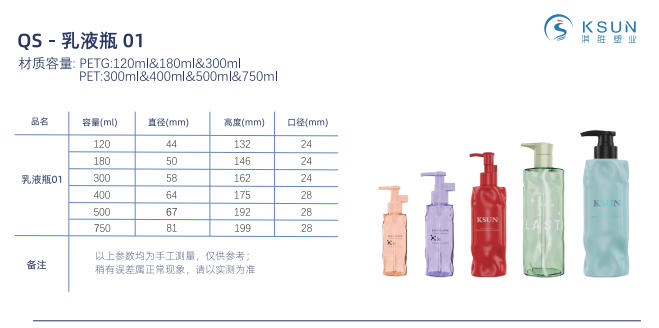 QS乳液瓶 PETG材质 120ml 180ml 300ml；PET材质：300ml 400ml 500ml 750ml