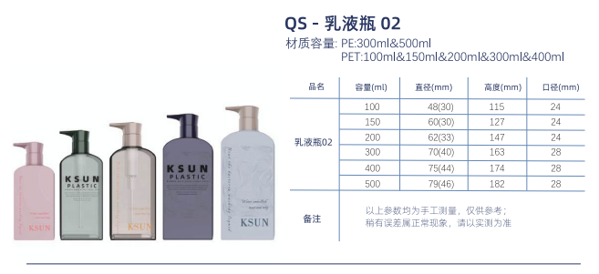 QS乳液瓶 PE 材质：300ml 500ml；PET 材质：100ml 150ml 200ml 300ml 400ml